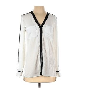 ♥️4/$15 H&M Tall White Tunic Blouse, Long Sleeve Flowy, Chest Pockets Black Trim